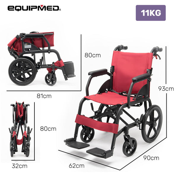 Equipmed Folding Transit Wheelchair Lightweight Aluminium For Easy Transport Crimson Red Wheelchairs