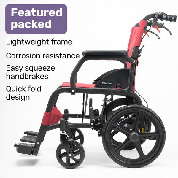 Equipmed Folding Transit Wheelchair Lightweight Aluminium For Easy Transport Crimson Red Wheelchairs