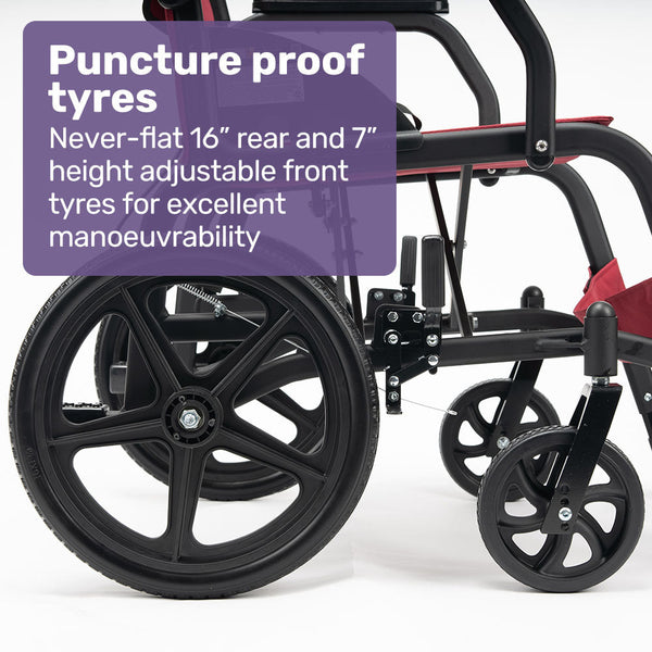 Equipmed Folding Transit Wheelchair Lightweight Aluminium For Easy Transport Crimson Red Wheelchairs