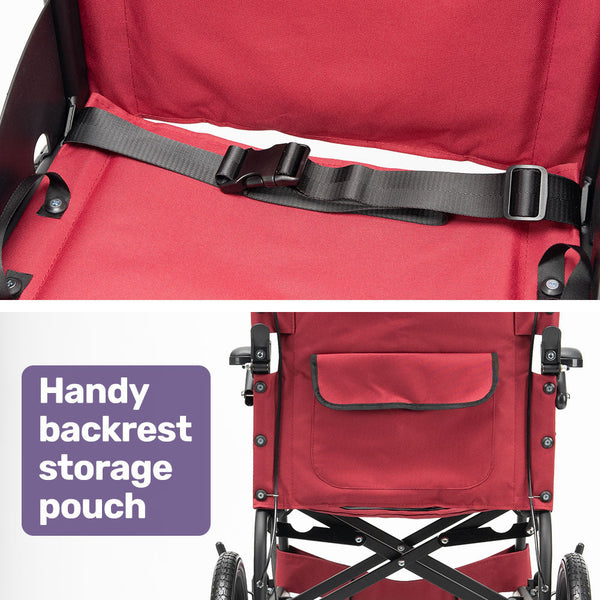 Equipmed Folding Transit Wheelchair Lightweight Aluminium For Easy Transport Crimson Red Wheelchairs