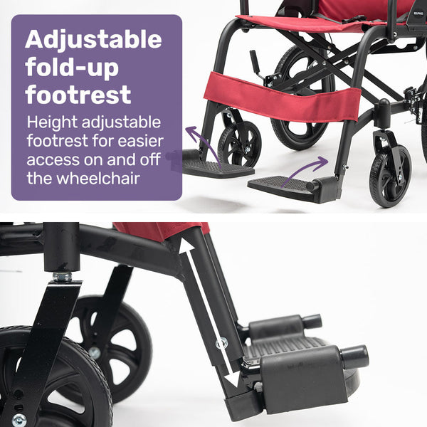 Equipmed Folding Transit Wheelchair Lightweight Aluminium For Easy Transport Crimson Red Wheelchairs