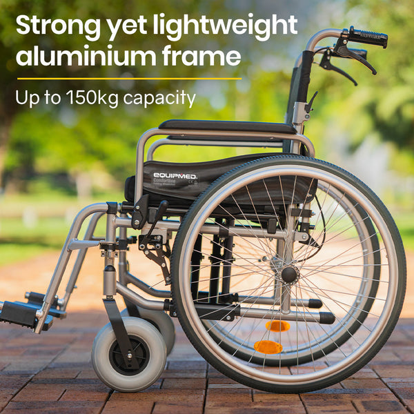 Equipmed Extra Wide Folding Wheelchair Aluminium Frame 150Kg Capacity 24 Inch Wheels Park Brakes Black Wheelchairs