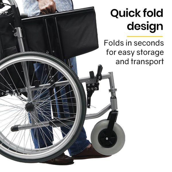 Equipmed Extra Wide Folding Wheelchair Aluminium Frame 150Kg Capacity 24 Inch Wheels Park Brakes Black Wheelchairs