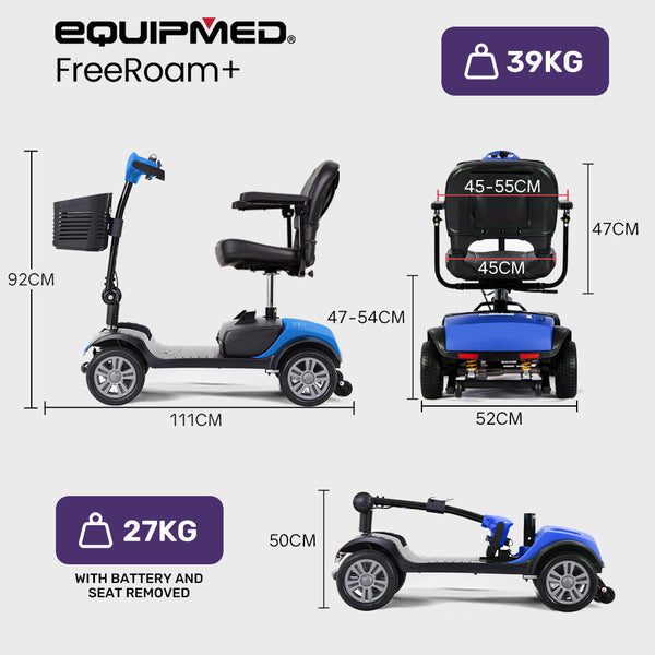 Equipmed Freeroam+ Mid Sized Lithium Fast Easy Charge Mobility Scooter Blue Mobility Scooters