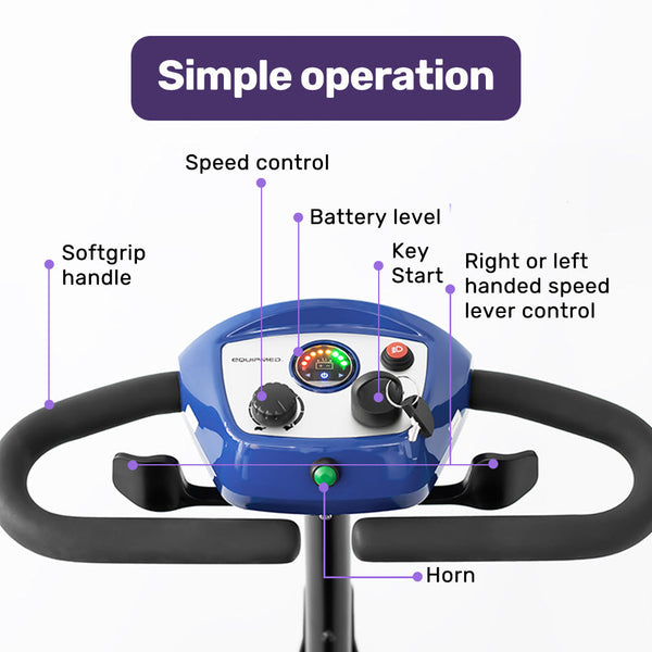 Equipmed Freeroam+ Mid Sized Lithium Fast Easy Charge Mobility Scooter Blue Mobility Scooters