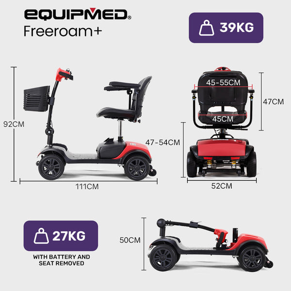 Equipmed Freeroam+ Mid Sized Lithium Fast Easy Charge Mobility Scooter Red Mobility Scooters
