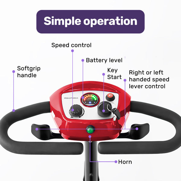 Equipmed Freeroam+ Mid Sized Lithium Fast Easy Charge Mobility Scooter Red Mobility Scooters