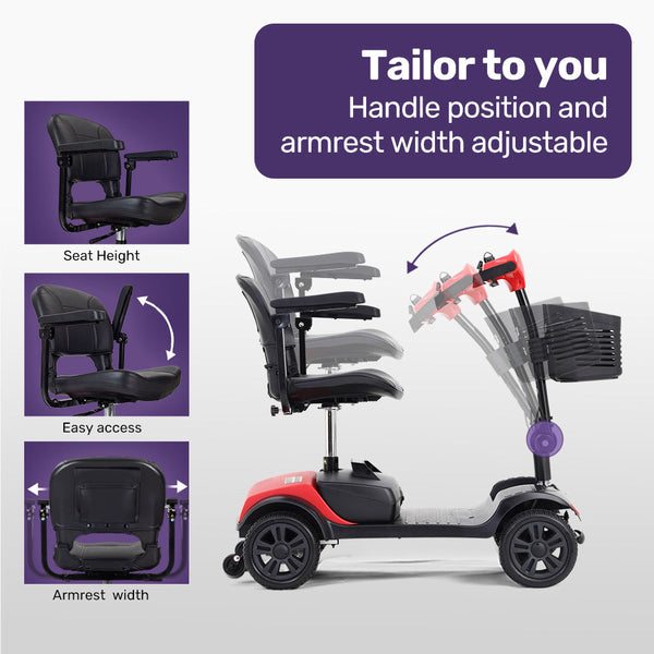 Equipmed Freeroam+ Mid Sized Lithium Fast Easy Charge Mobility Scooter Red Mobility Scooters