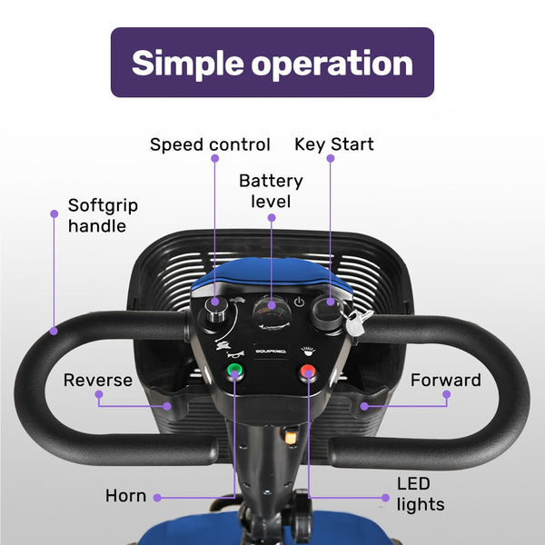 Equipmed Freelite+ Mid Sized Electric Foldable Mobility Scooter Lithium Battery Long Range And Easy Charging Blue Mobility Scooters