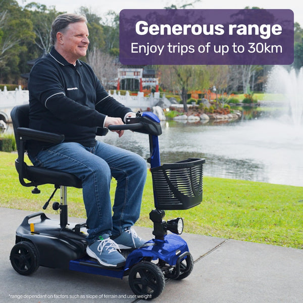 Equipmed Freelite+ Mid Sized Electric Foldable Mobility Scooter Lithium Battery Long Range And Easy Charging Blue Mobility Scooters
