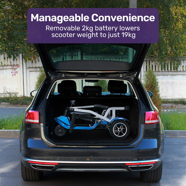 Equipmed Ultra Lightweight Folding Electric Mobility Scooter 19Kg With Battery Removed 120Kg Capacity Long Range Brushless Motor Portable Blue Mobilit