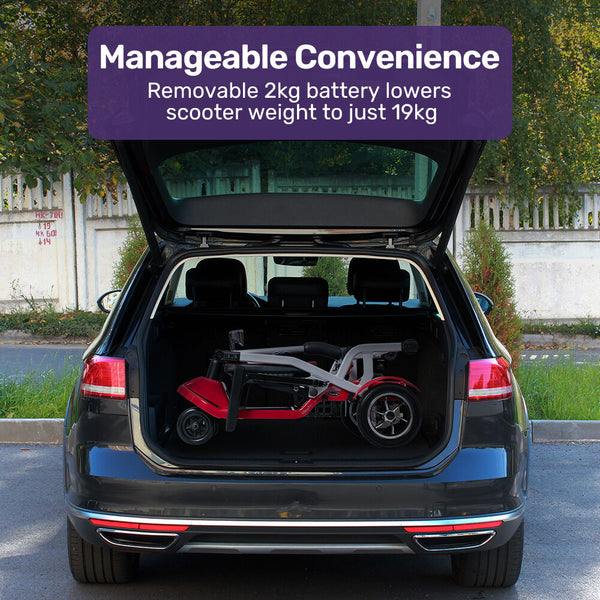 Equipmed Ultra Lightweight Folding Electric Mobility Scooter 19Kg With Battery Removed 120Kg Capacity Long Range Brushless Motor Portable Red Mobility