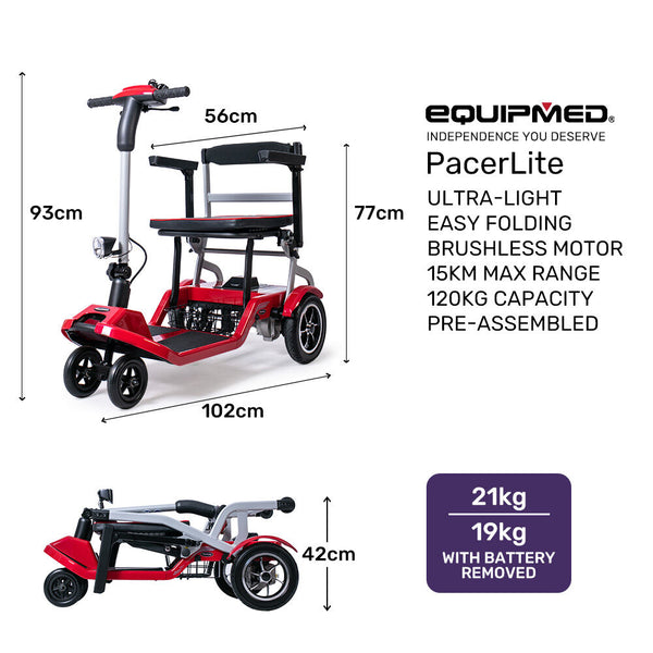 Equipmed Ultra Lightweight Folding Electric Mobility Scooter 19Kg With Battery Removed 120Kg Capacity Long Range Brushless Motor Portable Red Mobility