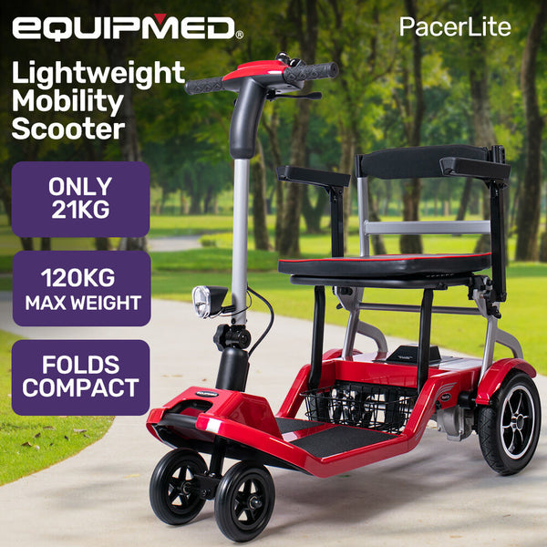 Equipmed Ultra Lightweight Folding Electric Mobility Scooter 19Kg With Battery Removed 120Kg Capacity Long Range Brushless Motor Portable Red Mobility