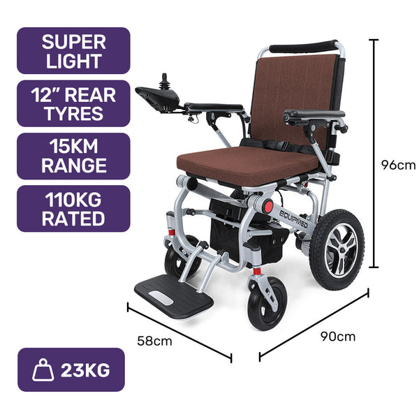 Equipmed Ultra Light Power Wheelchair Tight Turning Airline Approved Artg Certified Aluminium Frame Lithium Battery Brown Wheelchairs