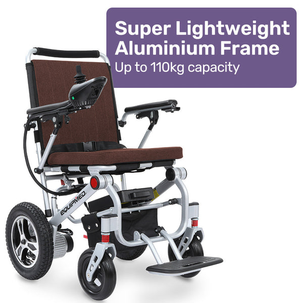 Equipmed Ultra Light Power Wheelchair Tight Turning Airline Approved Artg Certified Aluminium Frame Lithium Battery Brown Wheelchairs