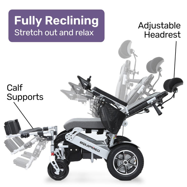 Equipmed Power Electric Wheelchair Folding Airline Recline Adjustment Headrest Aluminium Frame Lithium Battery Wheelchairs