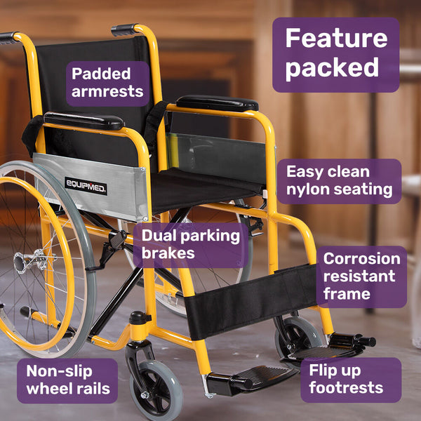 Equipmed Kids Paediatric Wheelchair 100Kg Rated 110 140Cm Rider Height Quick Folding Adjustable Footrests 22" Wheels Yellow Wheelchairs