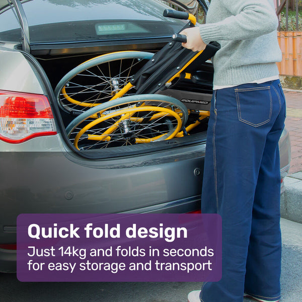 Equipmed Kids Paediatric Wheelchair 100Kg Rated 110 140Cm Rider Height Quick Folding Adjustable Footrests 22" Wheels Yellow Wheelchairs