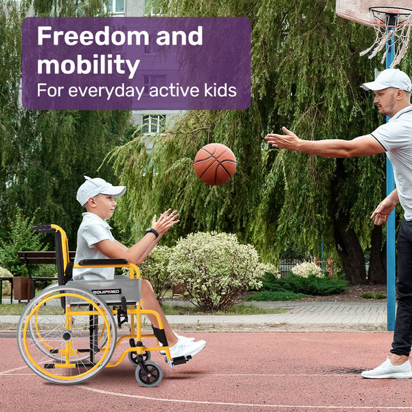 Equipmed Kids Paediatric Wheelchair 100Kg Rated 110 140Cm Rider Height Quick Folding Adjustable Footrests 22" Wheels Yellow Wheelchairs