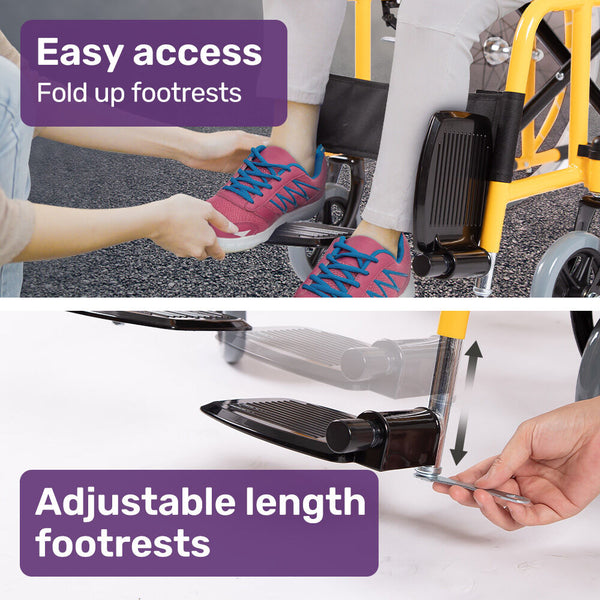 Equipmed Kids Paediatric Wheelchair 100Kg Rated 110 140Cm Rider Height Quick Folding Adjustable Footrests 22" Wheels Yellow Wheelchairs