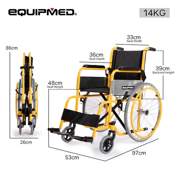Equipmed Kids Paediatric Wheelchair 100Kg Rated 110 140Cm Rider Height Quick Folding Adjustable Footrests 22" Wheels Yellow Wheelchairs