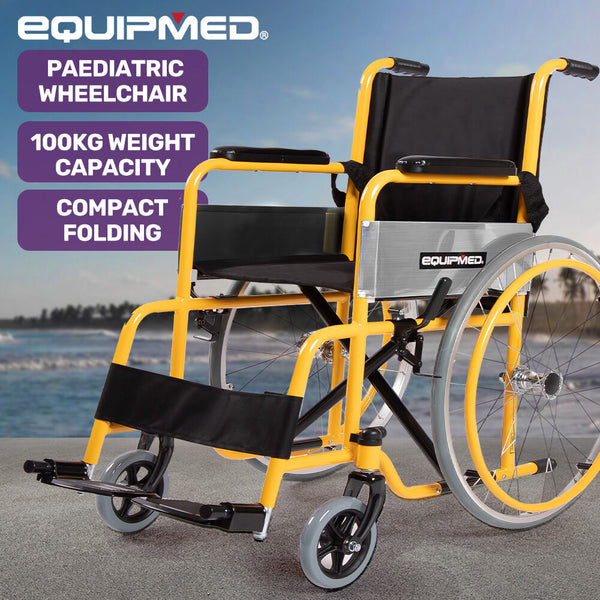 Equipmed Kids Paediatric Wheelchair 100Kg Rated 110 140Cm Rider Height Quick Folding Adjustable Footrests 22" Wheels Yellow Wheelchairs