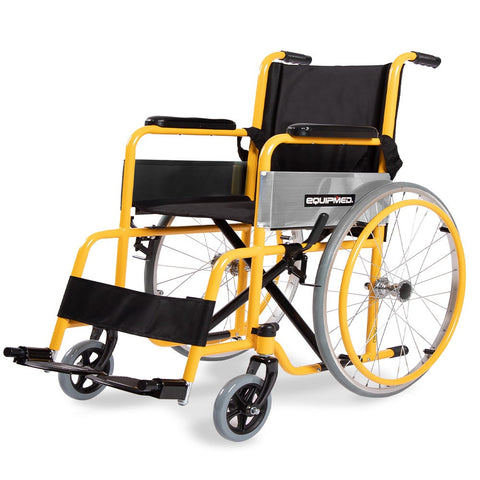 Equipmed Kids Paediatric Wheelchair 100Kg Rated 110 140Cm Rider Height Quick Folding Adjustable Footrests 22" Wheels Yellow Wheelchairs