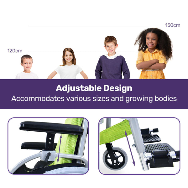 Equipmed Kids Premium Paediatric Wheelchair Lightweight Aluminium 22" Wheels 75Kg Rated Green Wheelchairs