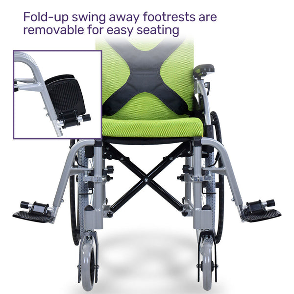 Equipmed Kids Premium Paediatric Wheelchair Lightweight Aluminium 22" Wheels 75Kg Rated Green Wheelchairs