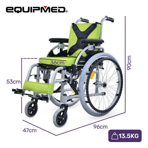 Equipmed Kids Premium Paediatric Wheelchair Lightweight Aluminium 22" Wheels 75Kg Rated Green Wheelchairs