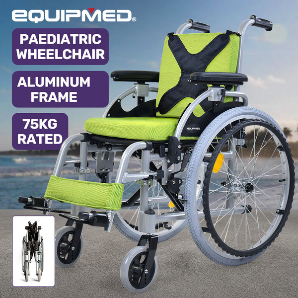 Equipmed Kids Premium Paediatric Wheelchair Lightweight Aluminium 22" Wheels 75Kg Rated Green Wheelchairs