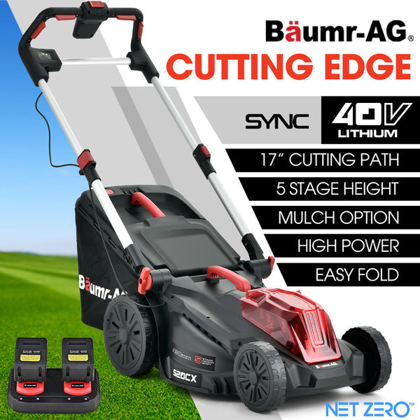Baumer Ag Baumr 520Cx 40V Sync 17" Cordless Lawn Mower Kit Fast Charger X 4Ah Battery Cutting Heights Adjustable Ergonomic Handle Mulching Option Lawn
