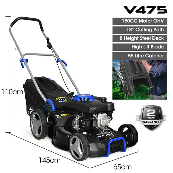 Powerblade 18" 150Cc Lawn Mower Height Steel Deck 4 Stroke Petrol Lawnmower V475 Petrol Mowers