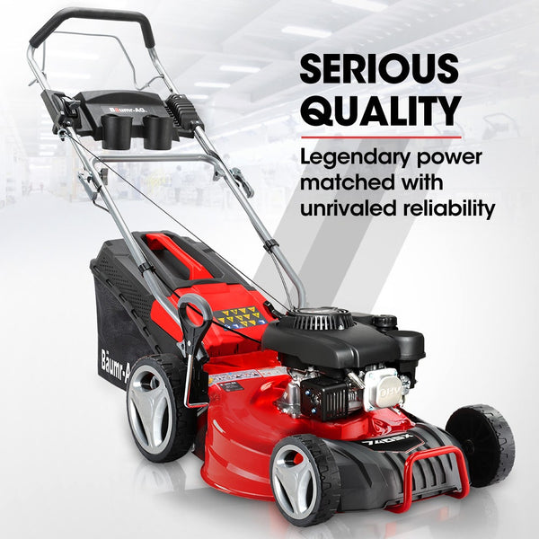 Baumr Ag 18" 150Cc Self Propelled Lawn Mower 7 Height Steel Deck Cup Holders 4 Stroke Petrol Lawnmower 740Sx Petrol Mowers
