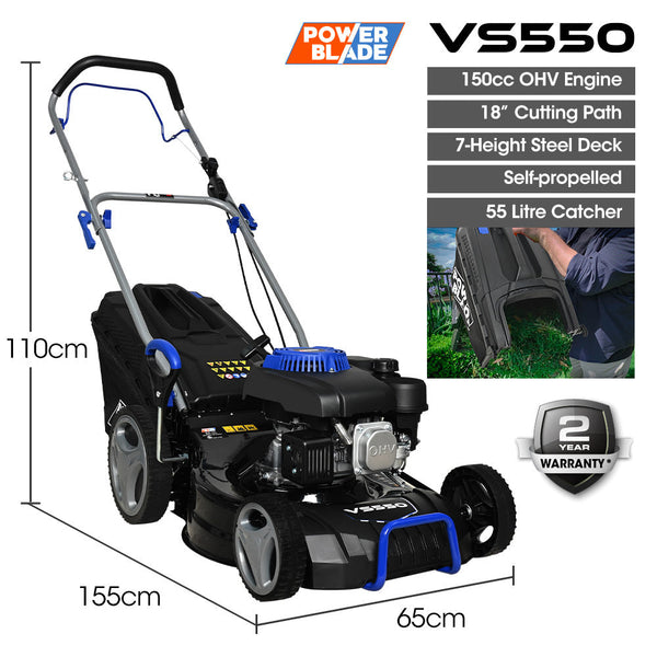 Powerblade 18" 150Cc Self Propelled Lawn Mower 7 Height Steel Deck 4 Stroke Petrol Lawnmower Vs550 Petrol Mowers
