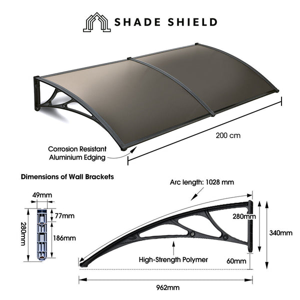 Shade Shield 2X1m Aluminium Exterior Awning Black Diy External Uv Rain Protection Grey Tinted Polycarbonate Canopy Cover Awning & Canopy Parts