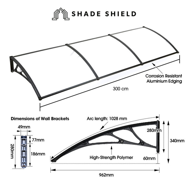 Shade Shield 3X1m Aluminium Exterior Awning Black Diy External Uv Rain Protection Clear Polycarbonate Canopy Cover Awning & Canopy Parts