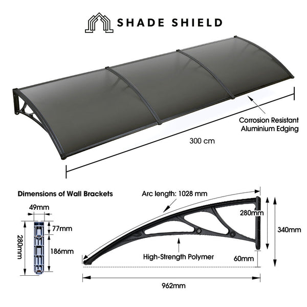 Shade Shield 3X1m Aluminium Exterior Awning Black Diy External Uv Rain Protection Grey Tinted Polycarbonate Canopy Cover Awning & Canopy Parts
