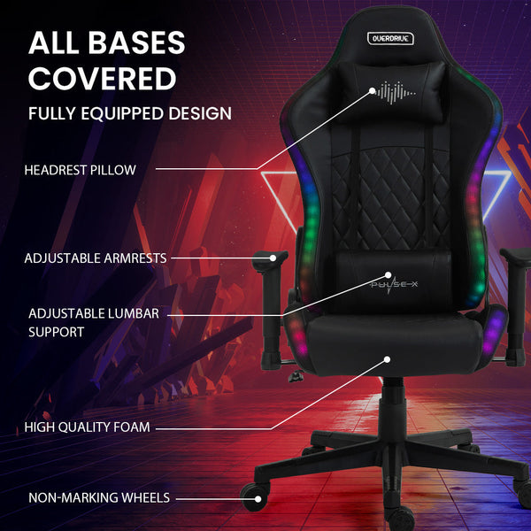 Overdrive Gaming Chair With Bluetooth Speakers Rgb Led Lights Reclining Game Armchair Black Office Chairs