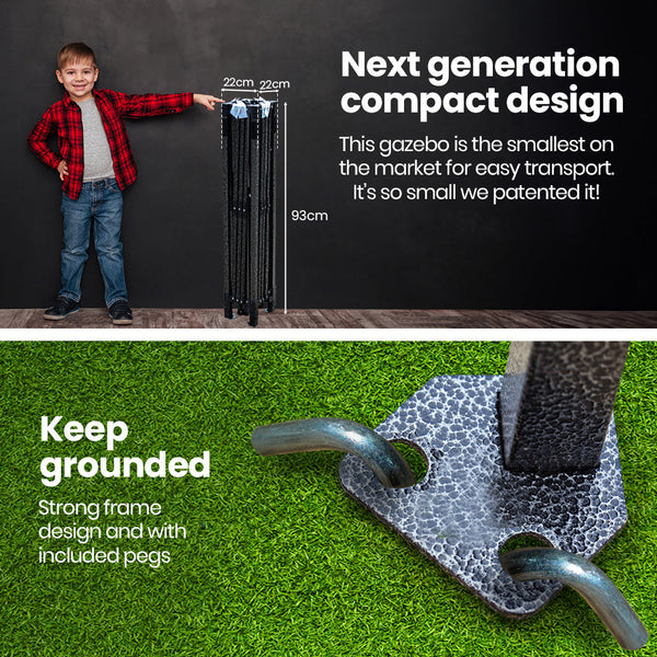 3X3m Ultra Compact Folding Gazebo Walls Carry Bag Portable Outdoor Popup Marquee Camping Beach Black Gazebos & Pergolas