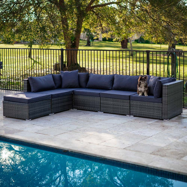 Rattan 6 Seater Modular Outdoor Lounge Setting With Ottoman Grey Patio Furniture Sets