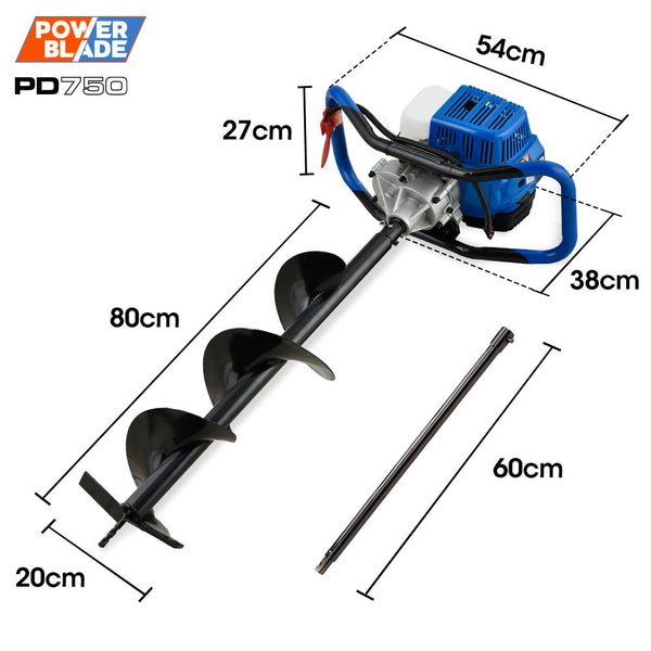 Powerblade Pd750 52Cc 2 Stroke Petrol Post Hole Digger 200Mm Auger W/ 600Mm Extension Shaft Post Hole Diggers & Augers