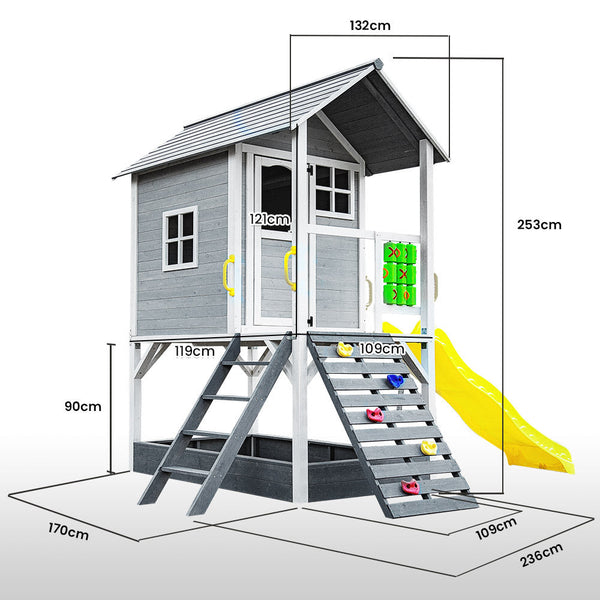 Tower Cubby House With Slide Sandpit Climbing Wall Noughts & Crosses Cubby Houses