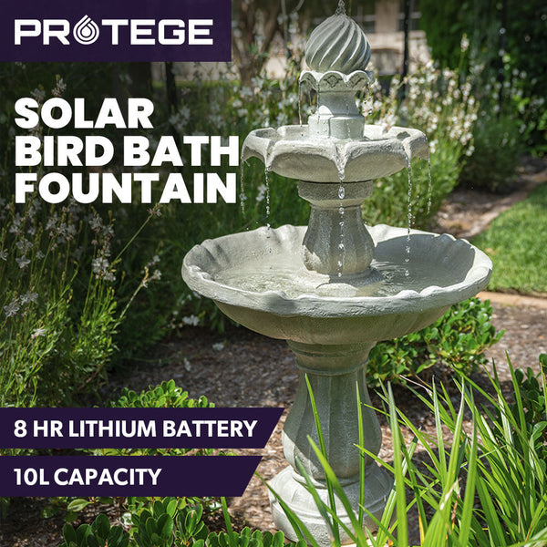 3 Tier Solar Powered Water Feature Fountain Bird Bath Light Grey Outdoor Fountains