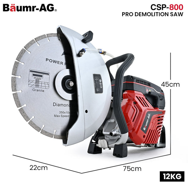 Baumr Ag 350Mm Professional Concrete Demolition Saw 74Cc 2 Stroke Wet And Dry Cutting 14" Diamond Blade Anti Vibration System Concrete Saws