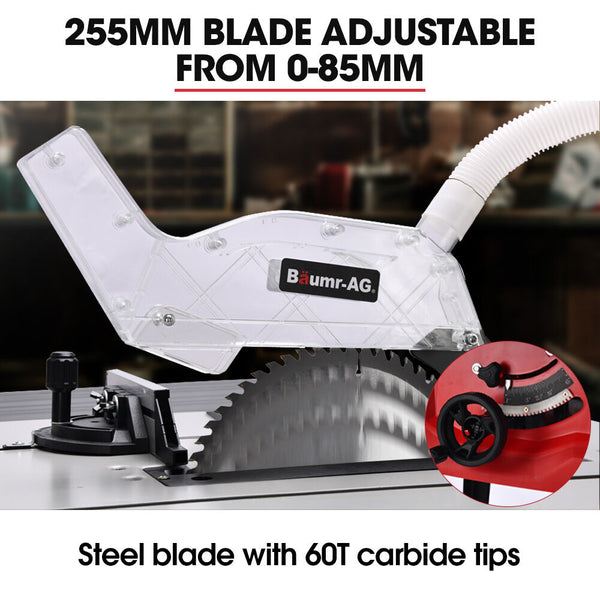 Baumr Ag 2000W 255Mm 10" Compound Table Saw With Stand Expandable Worktop Vacuum Port 45 Degree Bevel +/ Mitre Anti Tip Table Saws