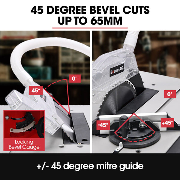 Baumr Ag 2000W 255Mm 10" Compound Table Saw With Stand Expandable Worktop Vacuum Port 45 Degree Bevel +/ Mitre Anti Tip Table Saws