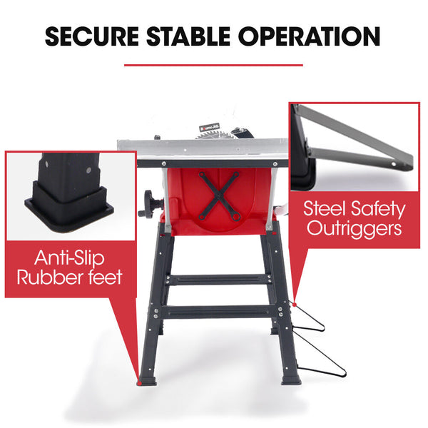 Baumr Ag 2000W 255Mm 10" Compound Table Saw With Stand Expandable Worktop Vacuum Port 45 Degree Bevel +/ Mitre Anti Tip Table Saws