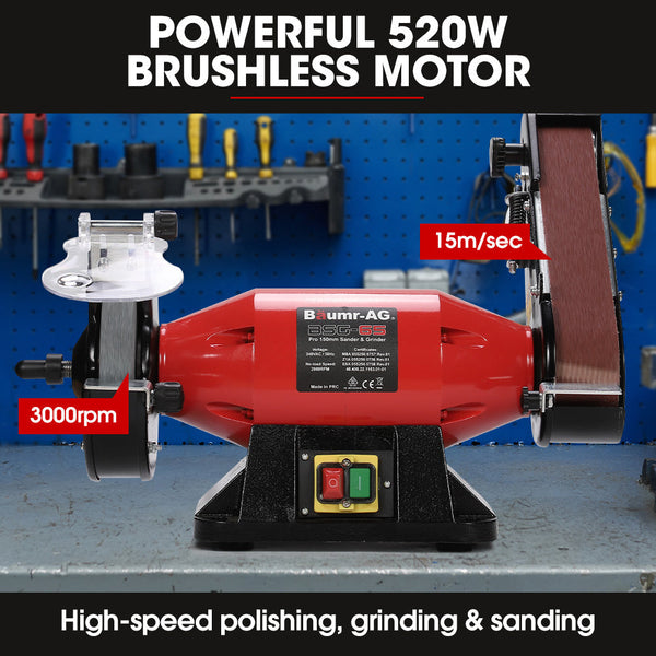 Baumr Ag Bench Grinder Sander And Polisher Combo 150Mm Grinding Wheel Linisher 520W Brushless Motor W/ Wire Buffing Wheels Sanders